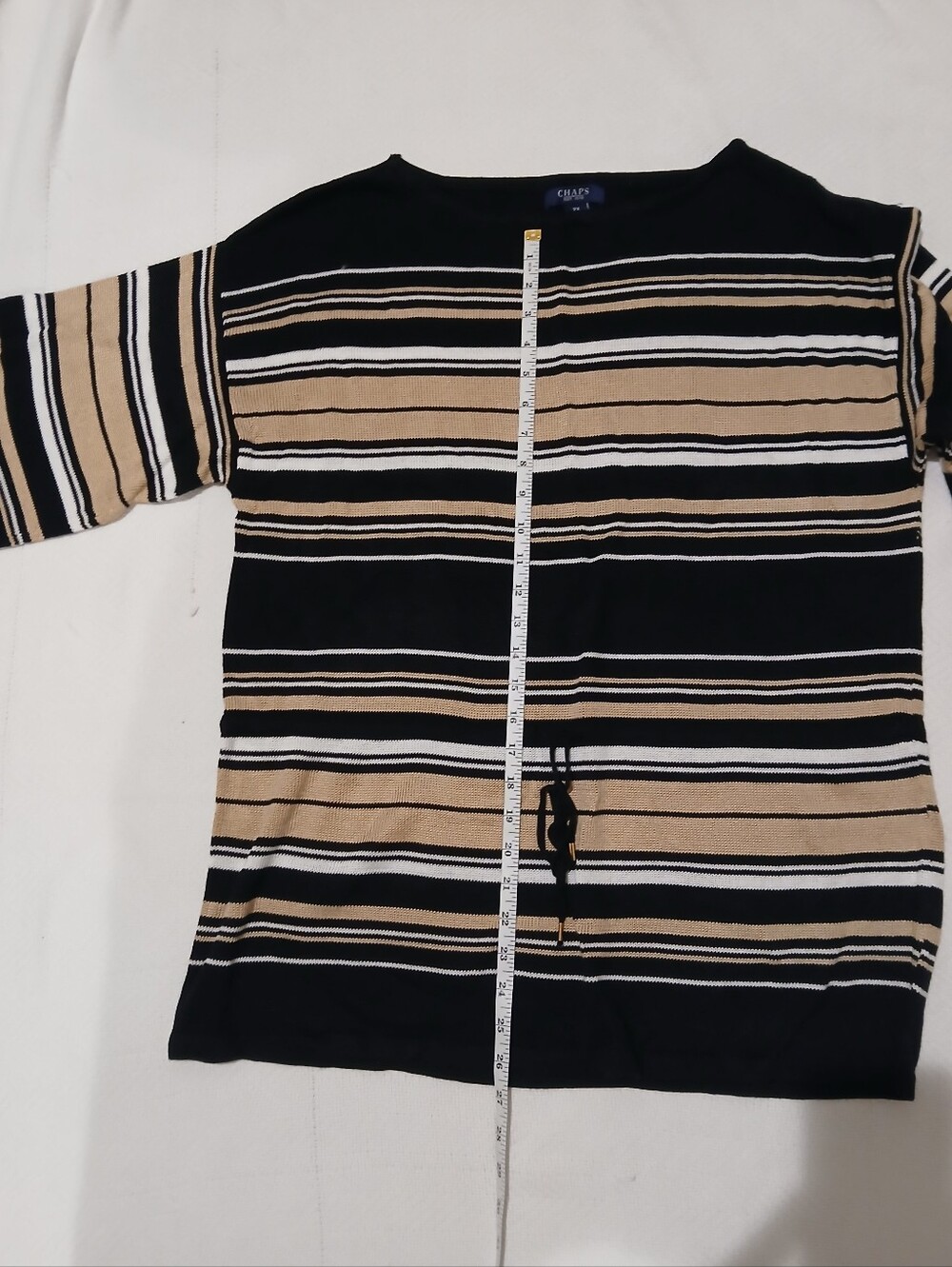Chaps Black, Tan and White Striped Crewneck Sweater